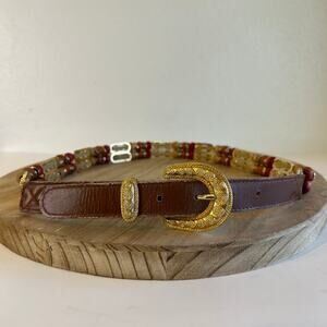 Vintage Brown Genuine Leather Beaded Weaved Link Gold Buckle Belt Size S/M